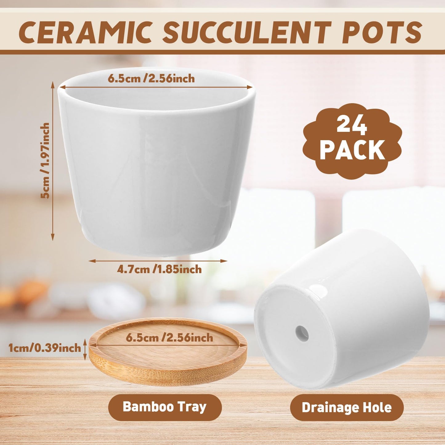 Hsei 24 Pack 2.5 Inch Mini Succulent Plant Pots Small Ceramic Flower Pot with Bamboo Tray Garden Cactus Herb Container Home Office Decoration for Birthday Mother's Day Wedding Favor Gifts (White)