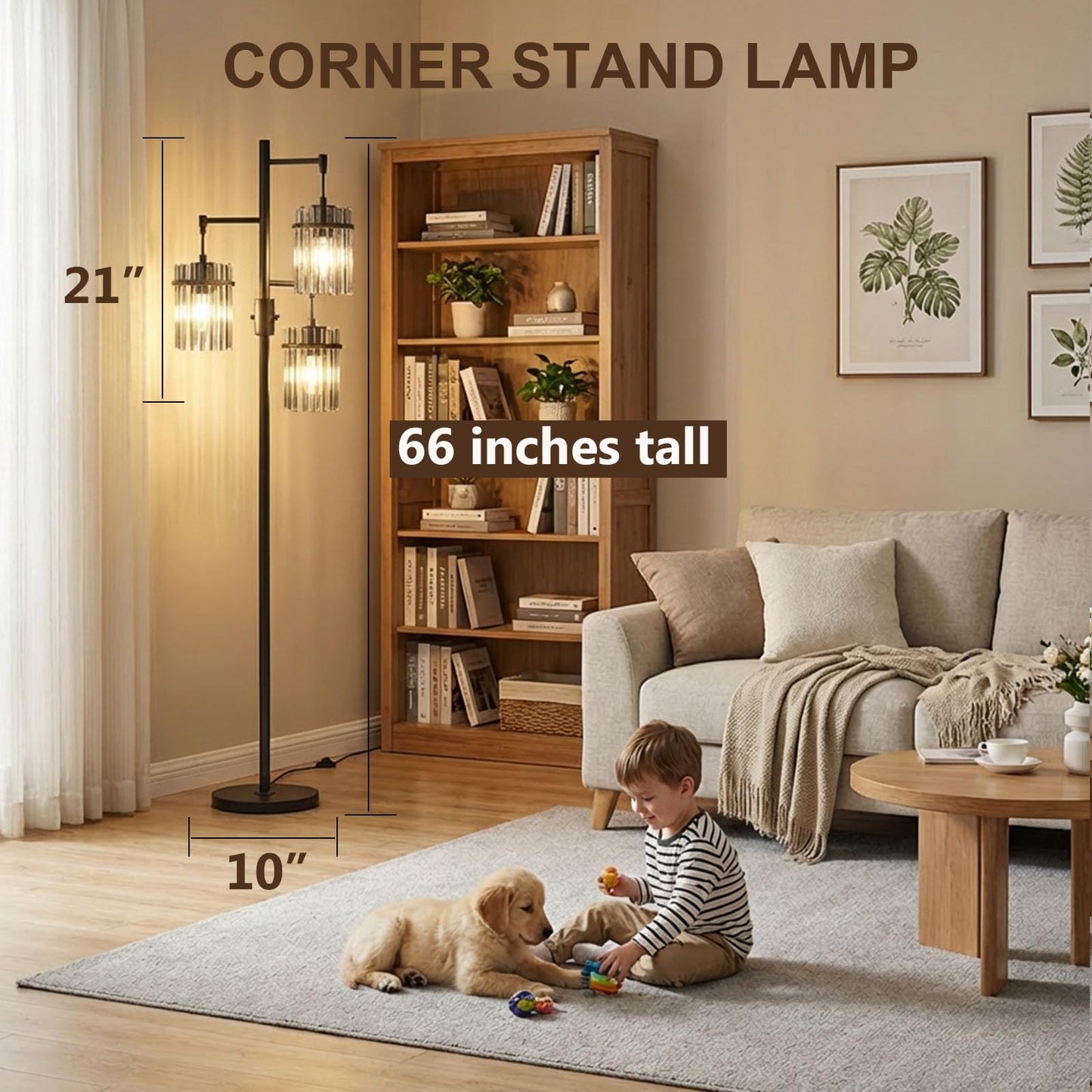 Dimmable Black Crystal Standing Farmhouse Tree Floor Lamp for Living Room