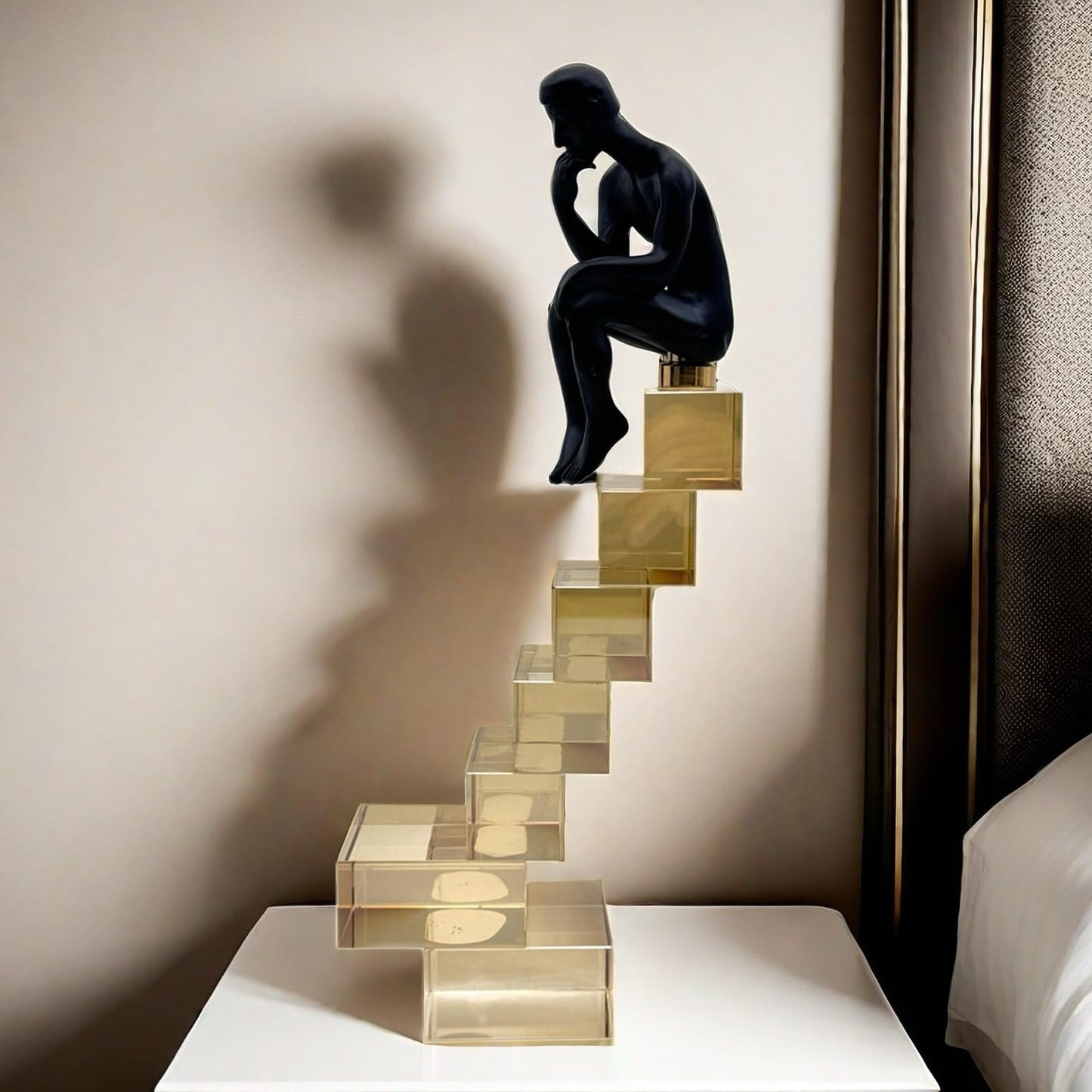 FUNSXBUG 12 Inch The Thinker Statue Thinking Man Statues Sitting on Crystal Glass Stairs Sculptures Collectible Figurine Home Decor Living Room Decoration