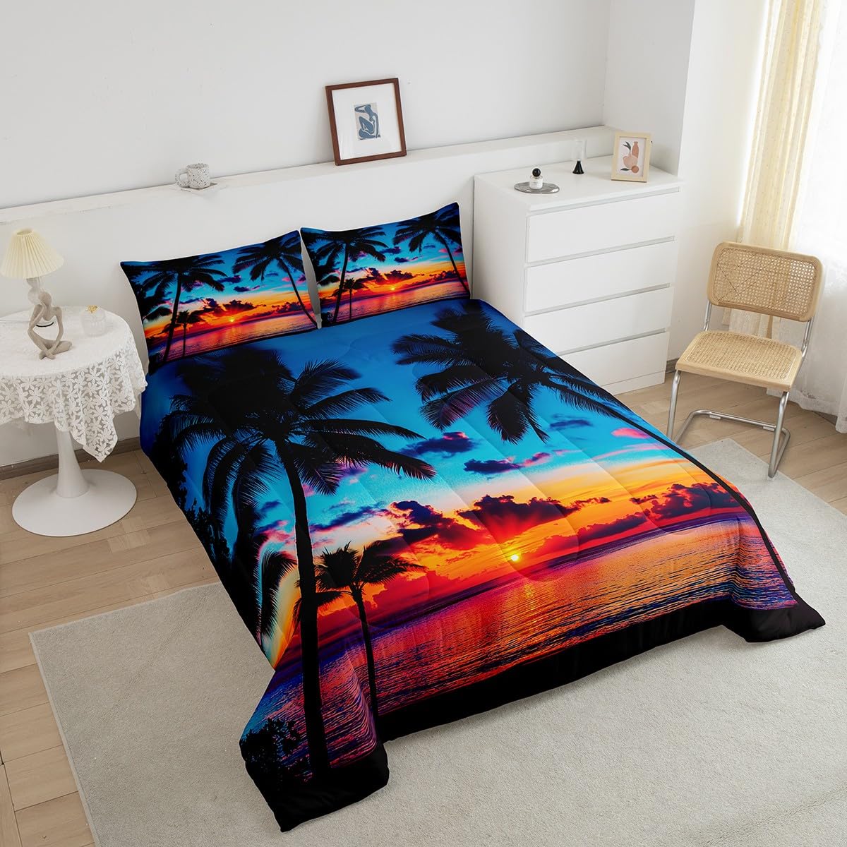 Feelyou Ocean Beach Themed Bedding Set Twin Size,Tropical Sunset Beach with Palm Trees Comforter Set,Peaceful Sea Marine Palm Tree Comforter Bright Hawaii Style Duvet Set 1 Comforter 1 Pillowcase