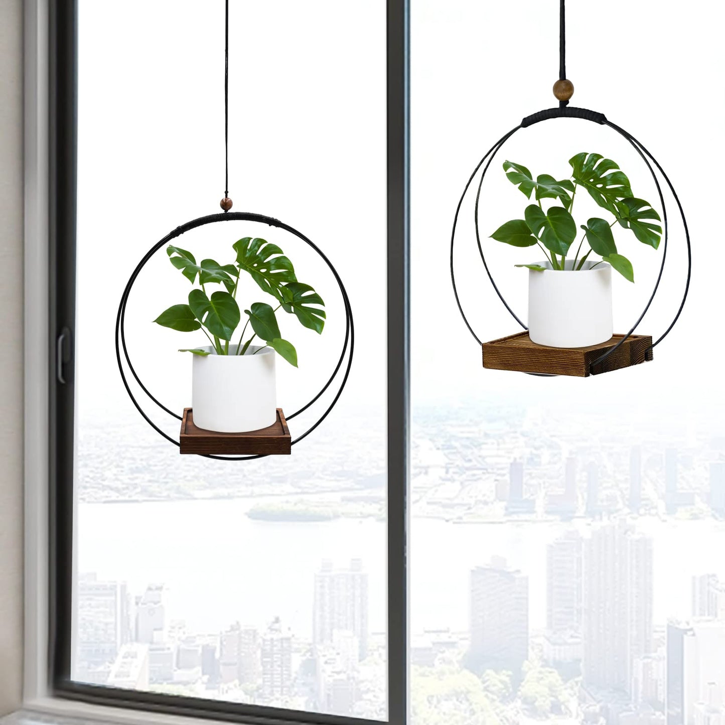 hismocal 2 Pack Hanging Planter for Indoor Plants, Black Plant Hanger with Sturdy Wood Base, Modern Boho Macrame Hanger, Wall Ceiling Window Planter (Plants/Pots Not Included)