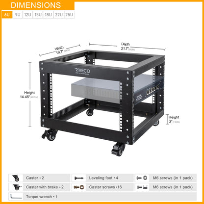 RIVECO 6U Open Frame Server Rack with Wheels- Heavy Duty 4 Post Quick Assembly 19-inch Support 600KG Equipment Home Network Cabinet Black