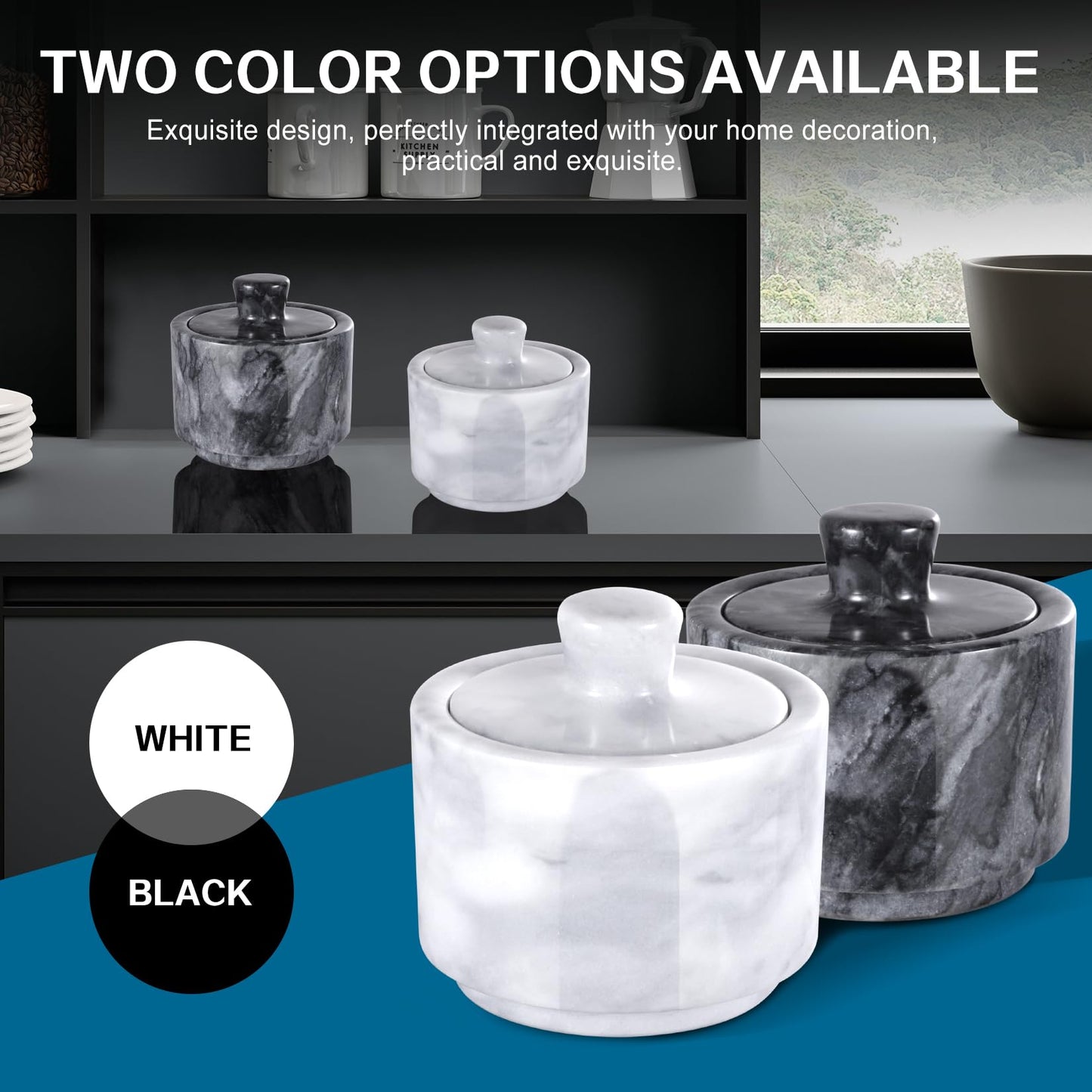 RingsTown 2PCS Natural Marble salt holder with lid, 3.2 in, Unique Veining, Airtight Seal for Salt & Pepper, Ideal for Spice Racks & Countertops(Black & White)