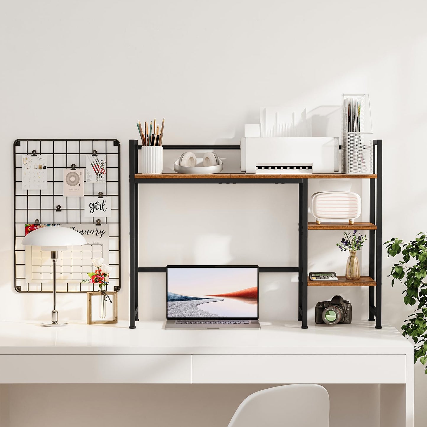 Snughome Desk Shelf, 38.6" Desktop Organizer Shelf, Desk Hutch for Computer Monitor, 4 Tier Desktop Display Rack, Wood Desktop Bookshelf Storage Rack for Home Office Dorm, Rustic Brown