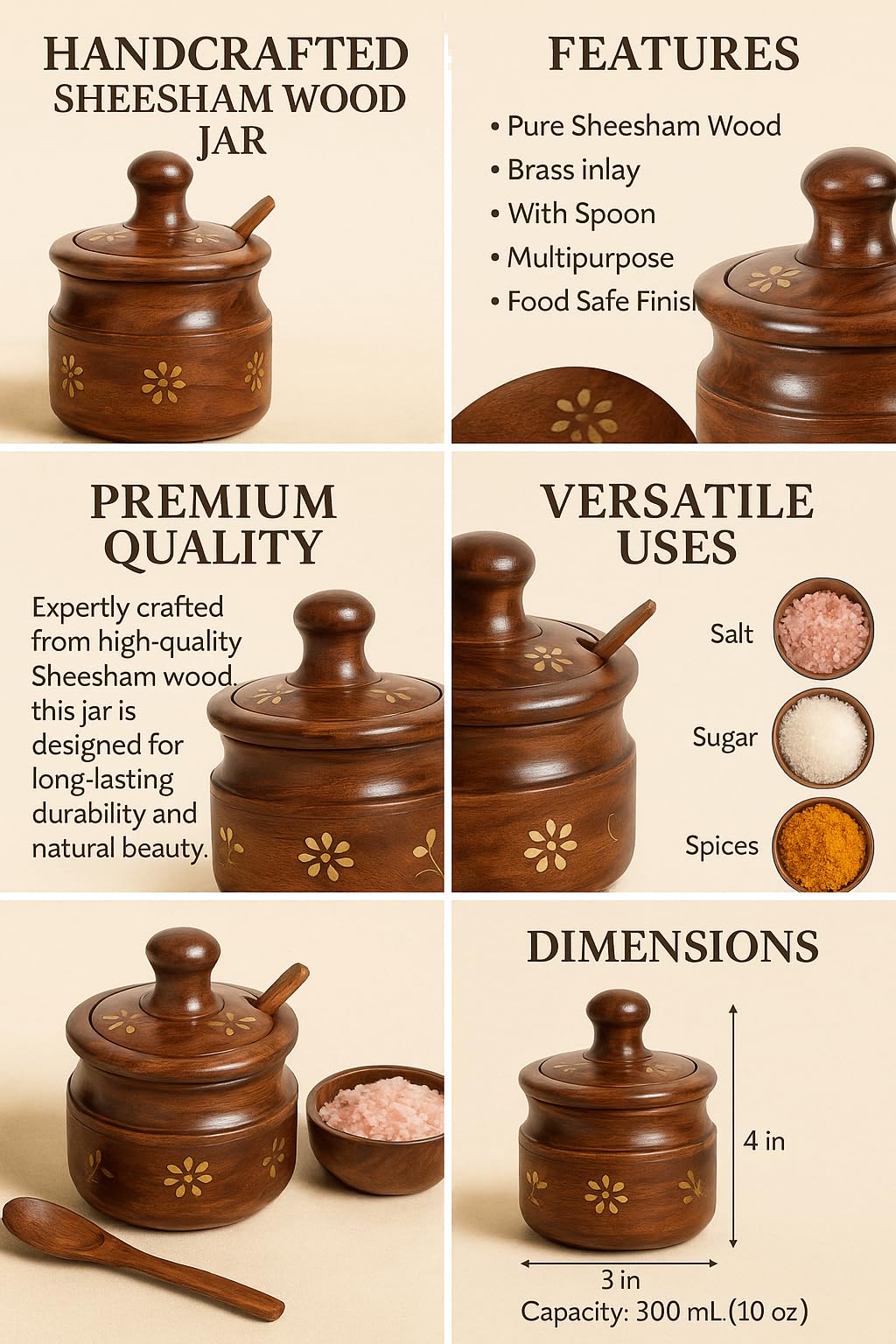 AMERIZONE Handcrafted Sheesham Wood Spice Jar with Spoon & Lid | Decorative Wooden Sugar/Spice Container with Brass Inlay | Traditional Kitchen Storage Pot