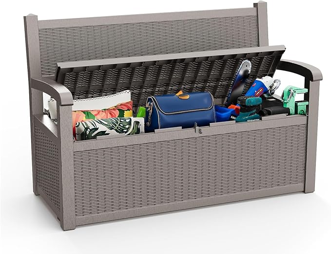 80 Gallon Outdoor Storage Bench Deck Box Waterproof Lockable,Outdoor Storage Furniture for Patio,Garden and Porch,Tools and Cushions（ Grey）