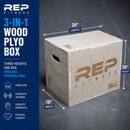 Rep Plyometric Wood Jump Box | CrossFit & Strength Training | 24/20/16 Wooden Step Platforms | Gym & Sports Workouts | Fitness, Exercise, Physical Therapy Equipment | Pro Conditioning Tool