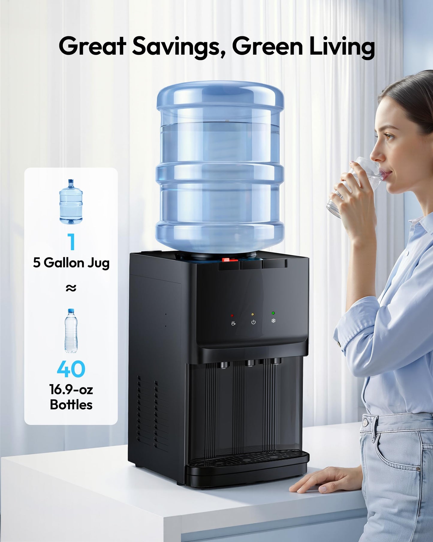 Euhomy Top Load Water Dispenser for 3 or 5 Gallon Bottles, Countertop Water Cooler with 3 Temperatures, Hot & Cold Water with Child Safety Lock, for Home, Office, Kitchen