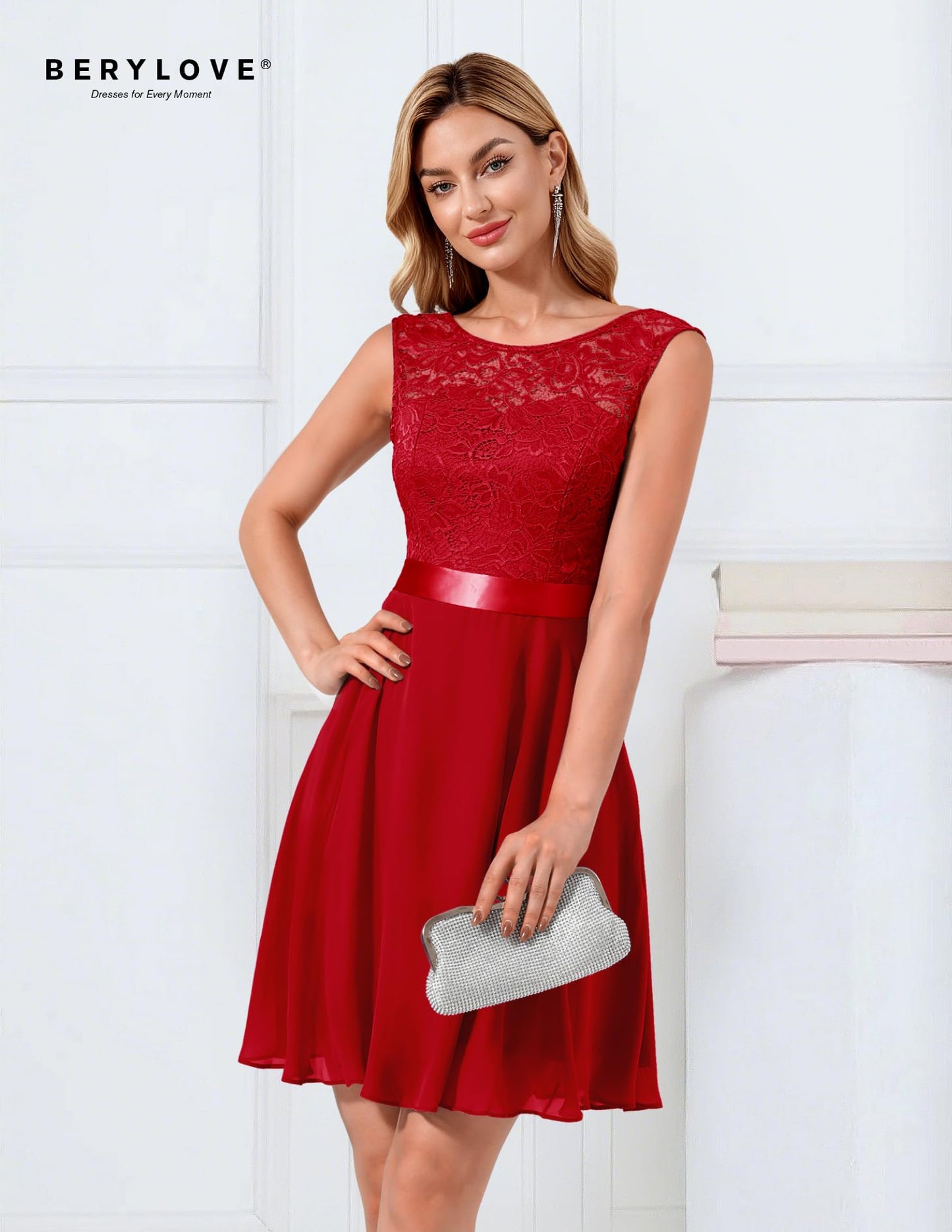 BeryLove Women's Short Homecoming Dresses for Teens Sleeveless Flowy A Line Wedding Guest Lace Cocktail Prom Formal Dress 05 B-Red L