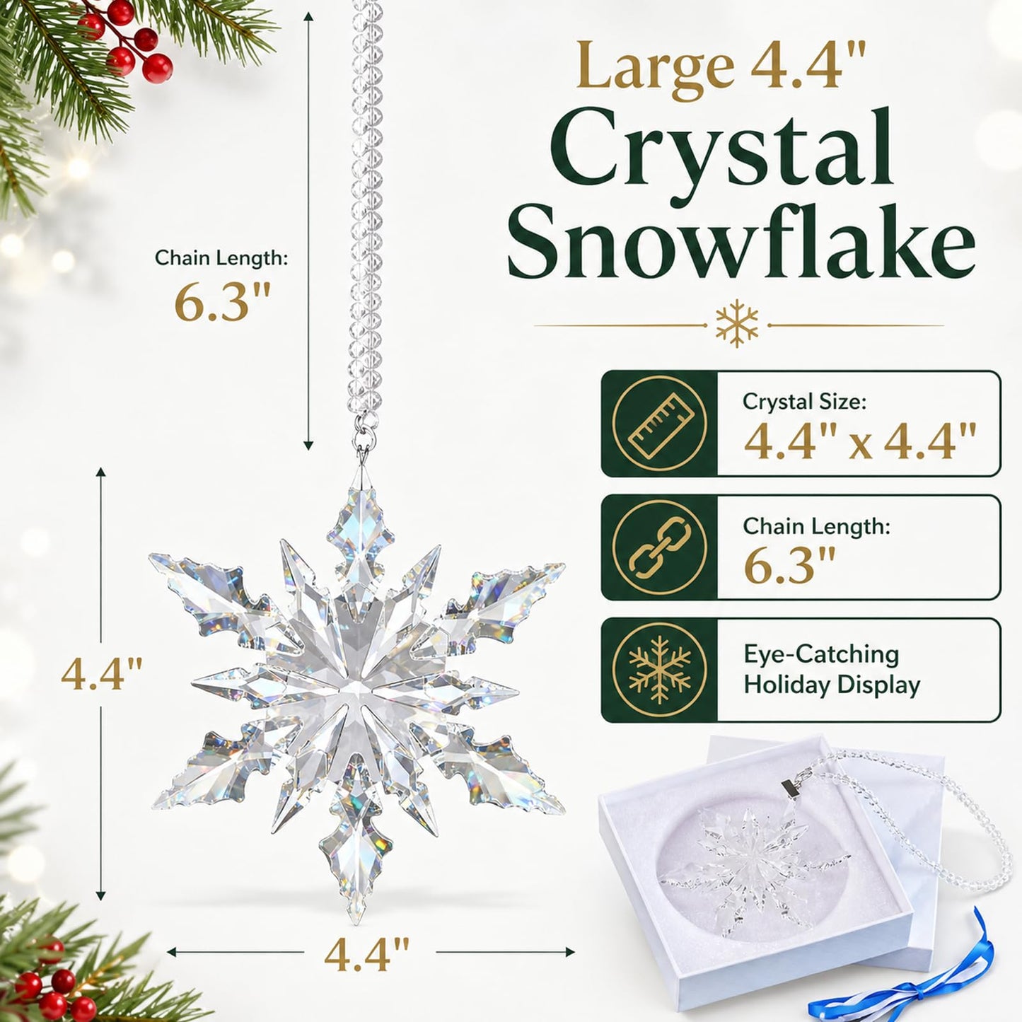 Luxury Crystal Christmas Snowflake Ornaments Christmas Tree Hanging Decorations Gifts for Women Girls Family Friends (Clear)