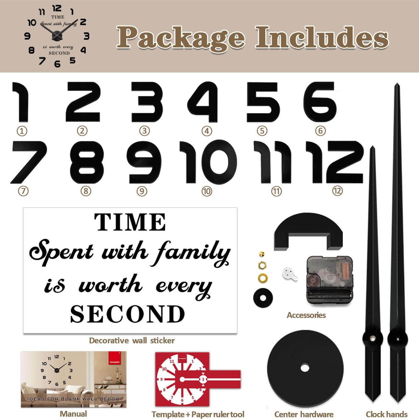 VANGOLD Large Wall Clocks for Living Room Decor, Decorative Wall Clocks Battery Operated (Black Wall Decor)