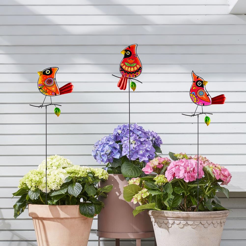 SATHGA Decorative Garden Stakes,Set of 3 Cardinal Stained Glass Metal Yard Art,Waterproof Outdoor Decor Housewarming Present for Women Mom Grandma