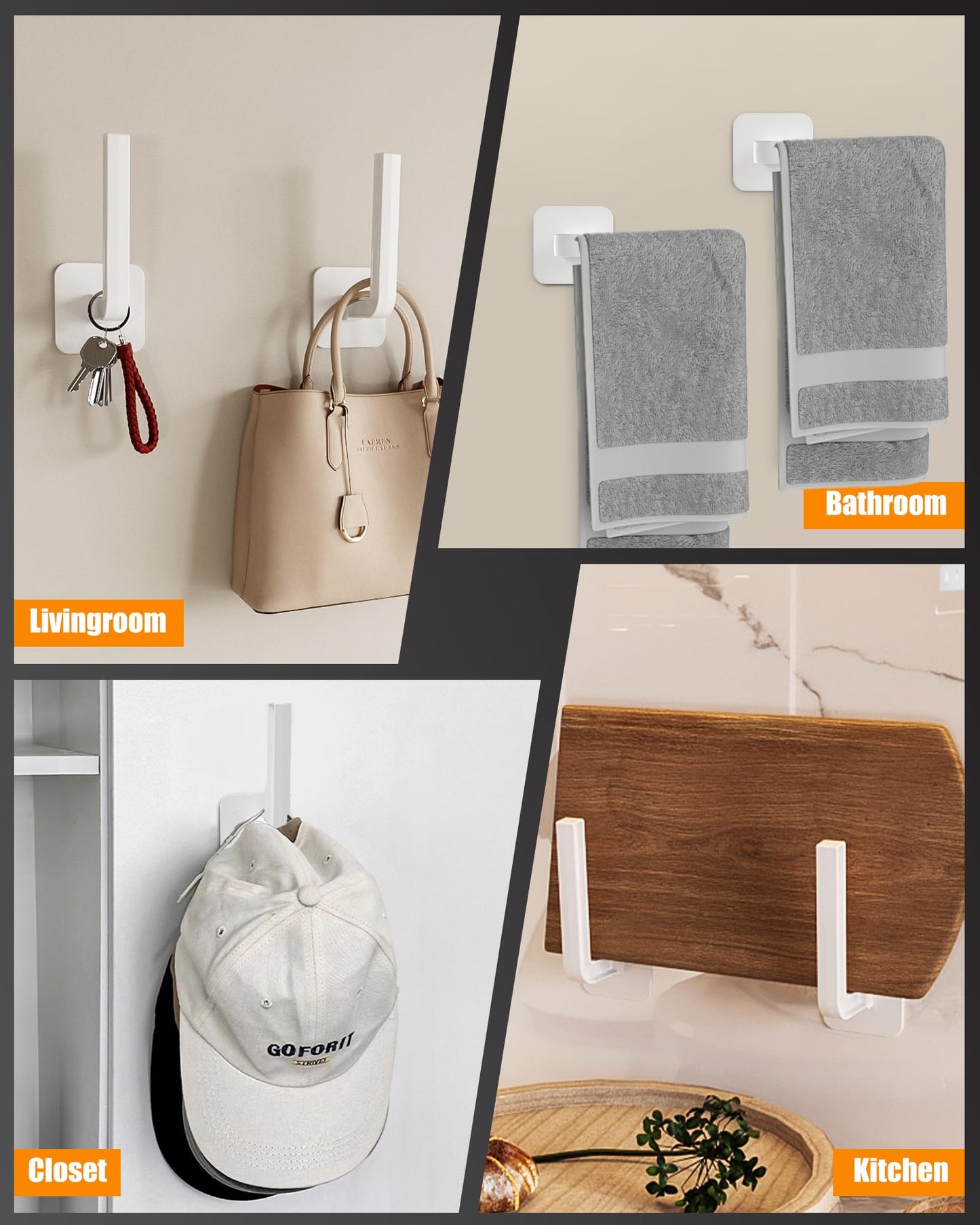 Sunfanie Hat Rack for Hat Storage (4-Pack), Multi-Purpose Hat Organizer, Strong Adhesive Hooks for Wall Organizer for Baseball Caps, Two Mounting Options Hook, White