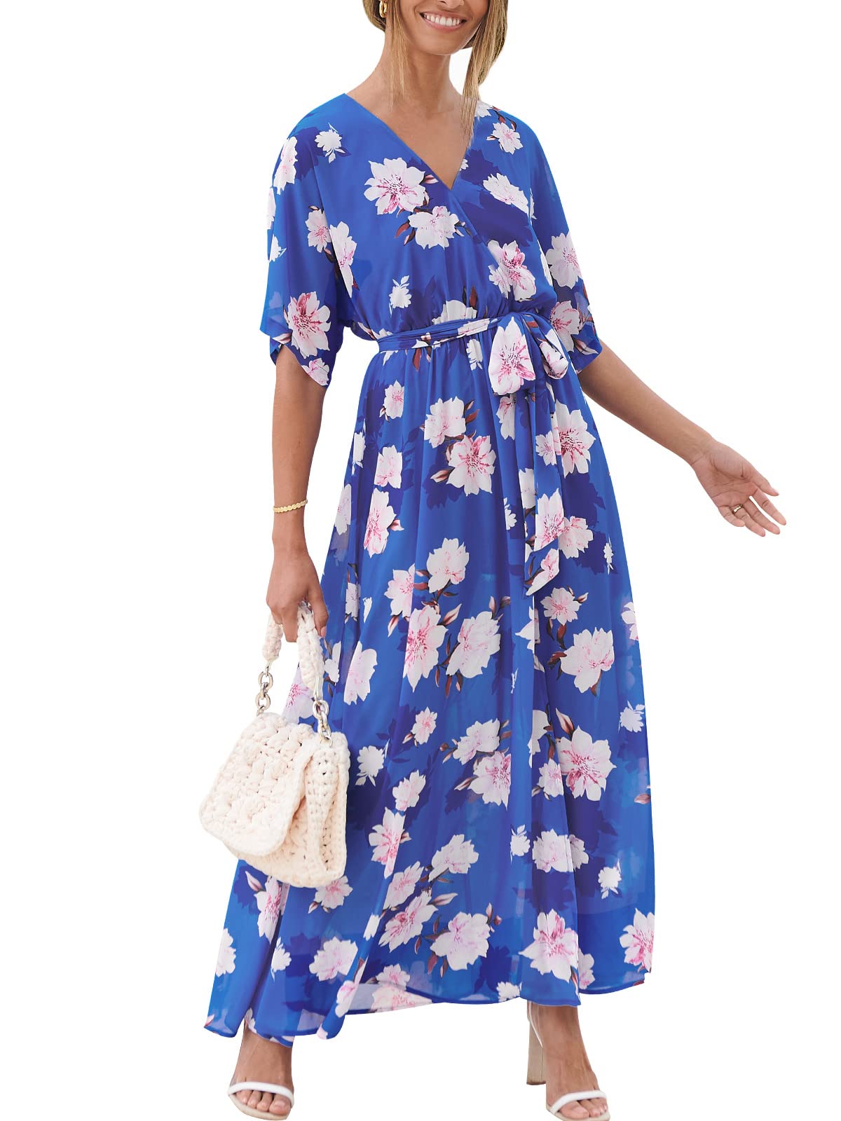 ANRABESS Womens 1/2 Sleeve Beach Wedding Guest Maxi Dresses 2025 Fall Wrap V Neck Boho Floral Flowy Slit Long Summer Dresses