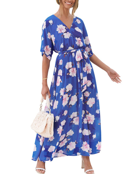 ANRABESS Womens 1/2 Sleeve Beach Wedding Guest Maxi Dresses 2025 Fall Wrap V Neck Boho Floral Flowy Slit Long Summer Dresses