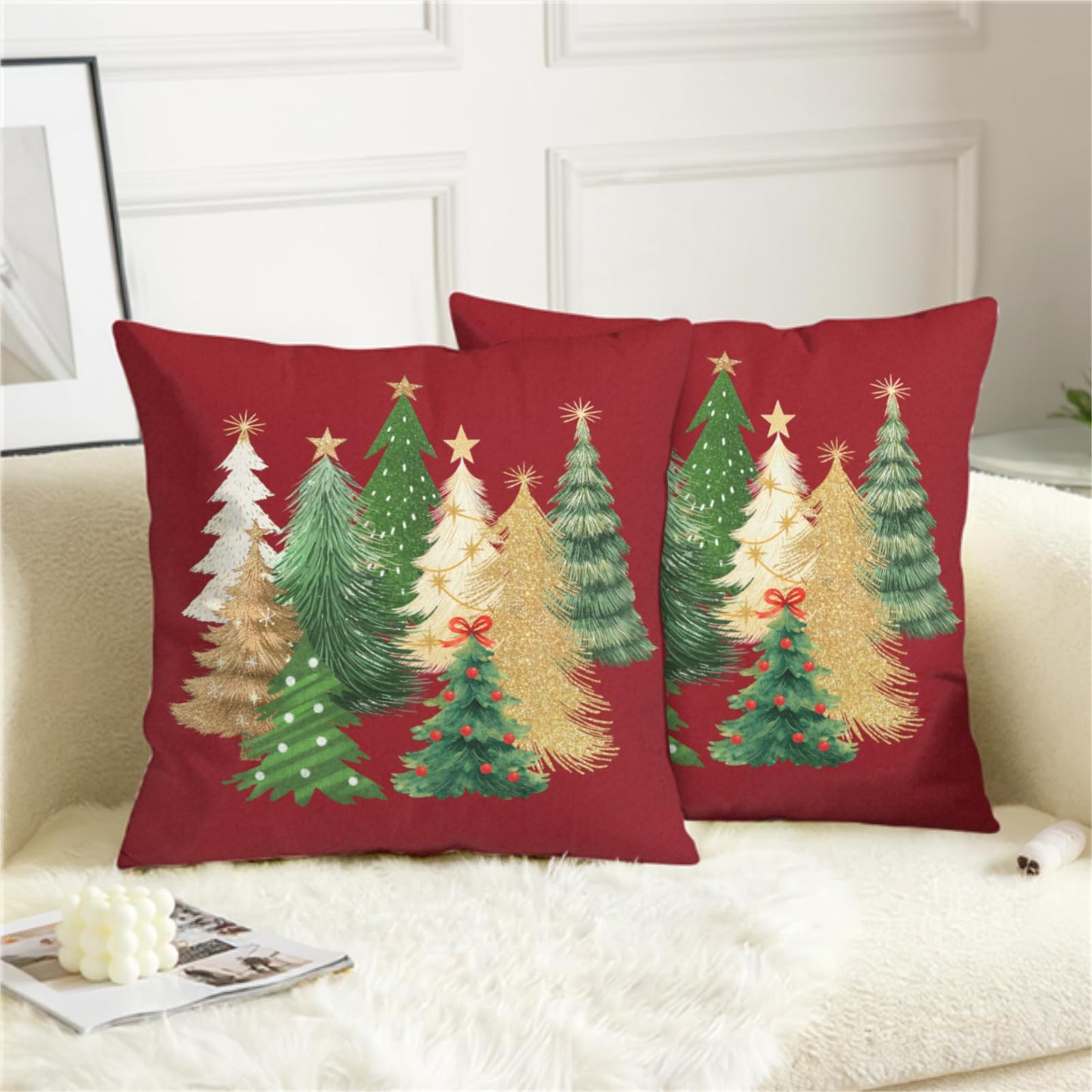 Kwlegh Red Christmas Pillow Covers 18x18 Set of 2 Gold Green Xmas Tree Pillow Case Winter Holiday Throw Pillow Covers Double Sided Printing Decorative Cushion Case for Couch Sofa