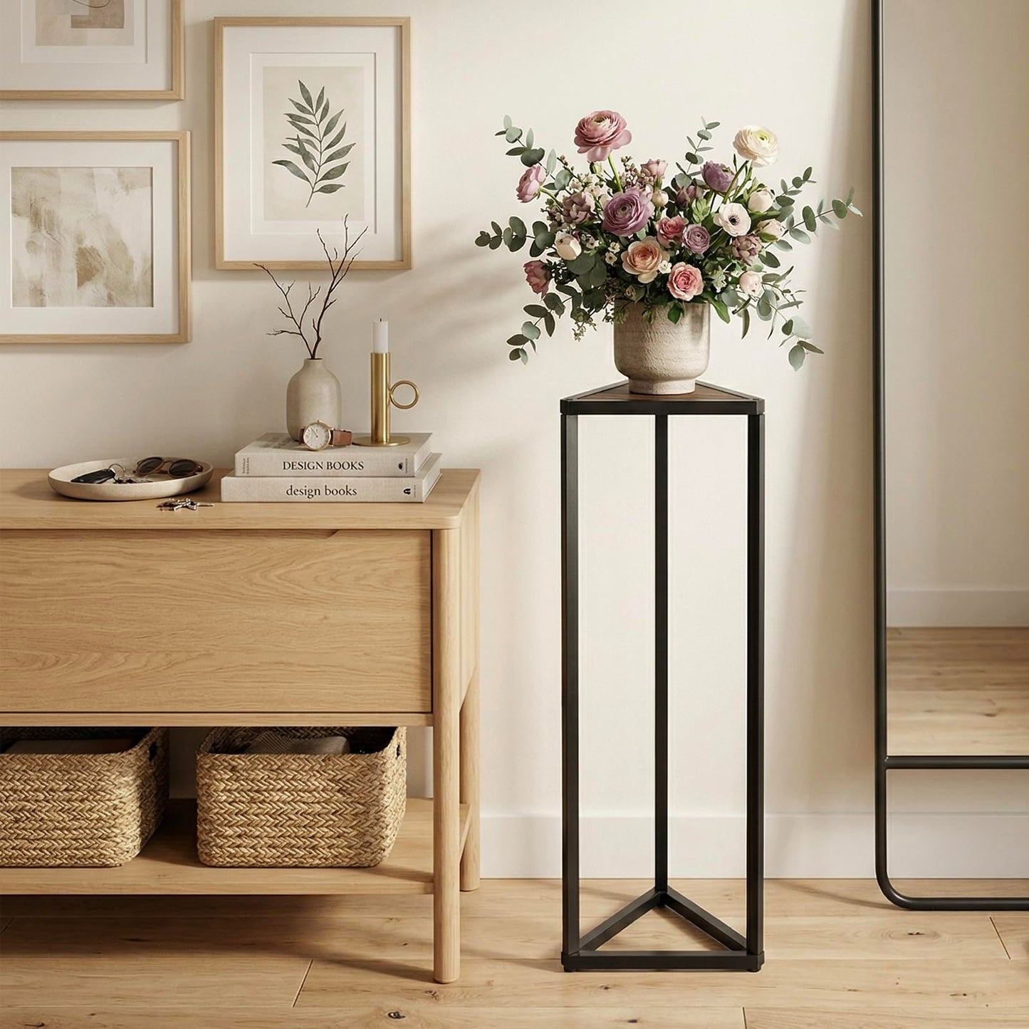 MyGift 36 Inch Tall Plant Stand Indoor - Modern Triangular Corner Plant Stand, Large Torched Wood and Black Metal Frame Plant Pot Pedestal Holder