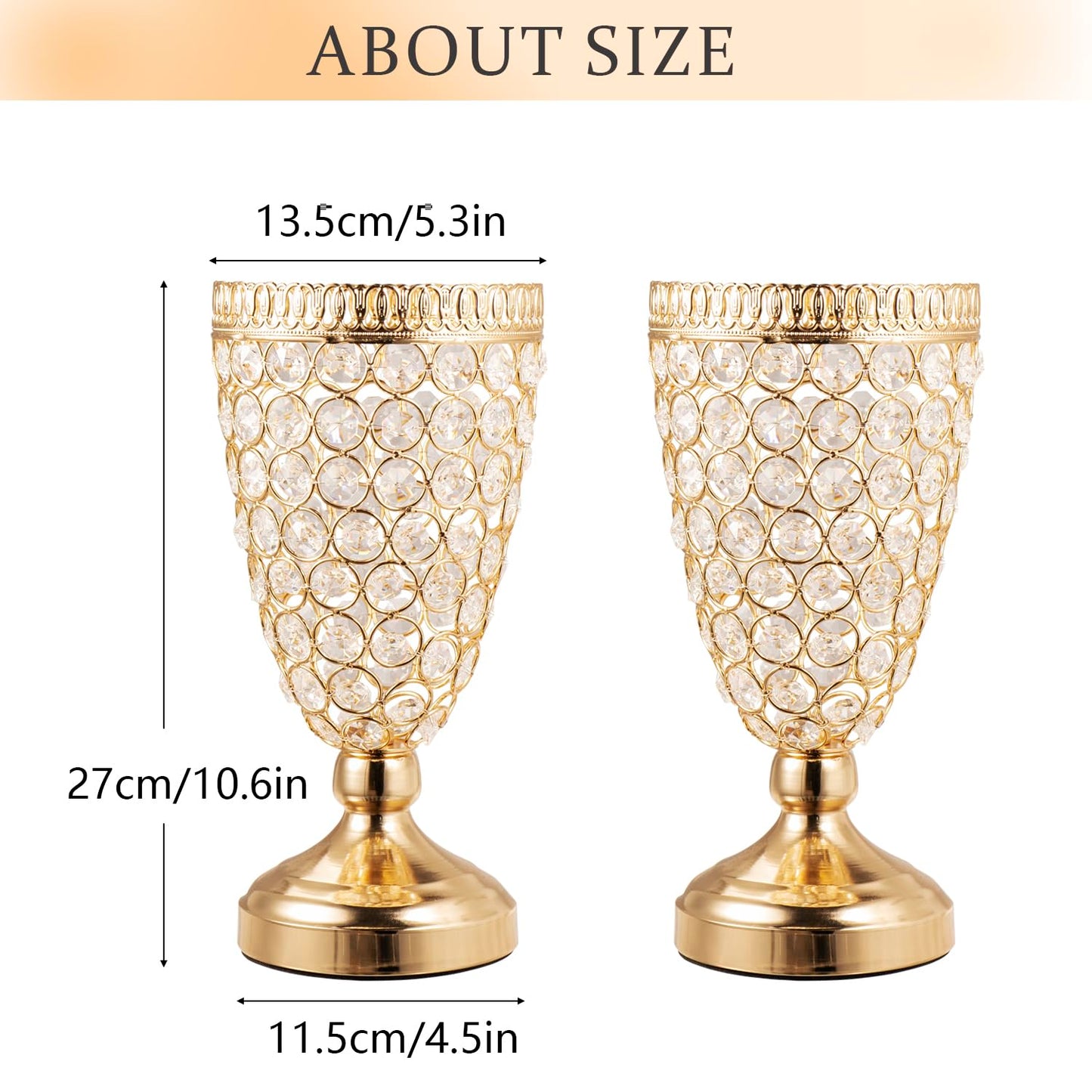 Gold Crystal Trumpet Floral Vase -2 Pcs Centerpieces for Wedding Table, 10.6" Wrought Iron Crystal Vase, Flower Vases for Party Dinner Centerpiece Event, Anniversary Ceremony Birthday Home Decoration