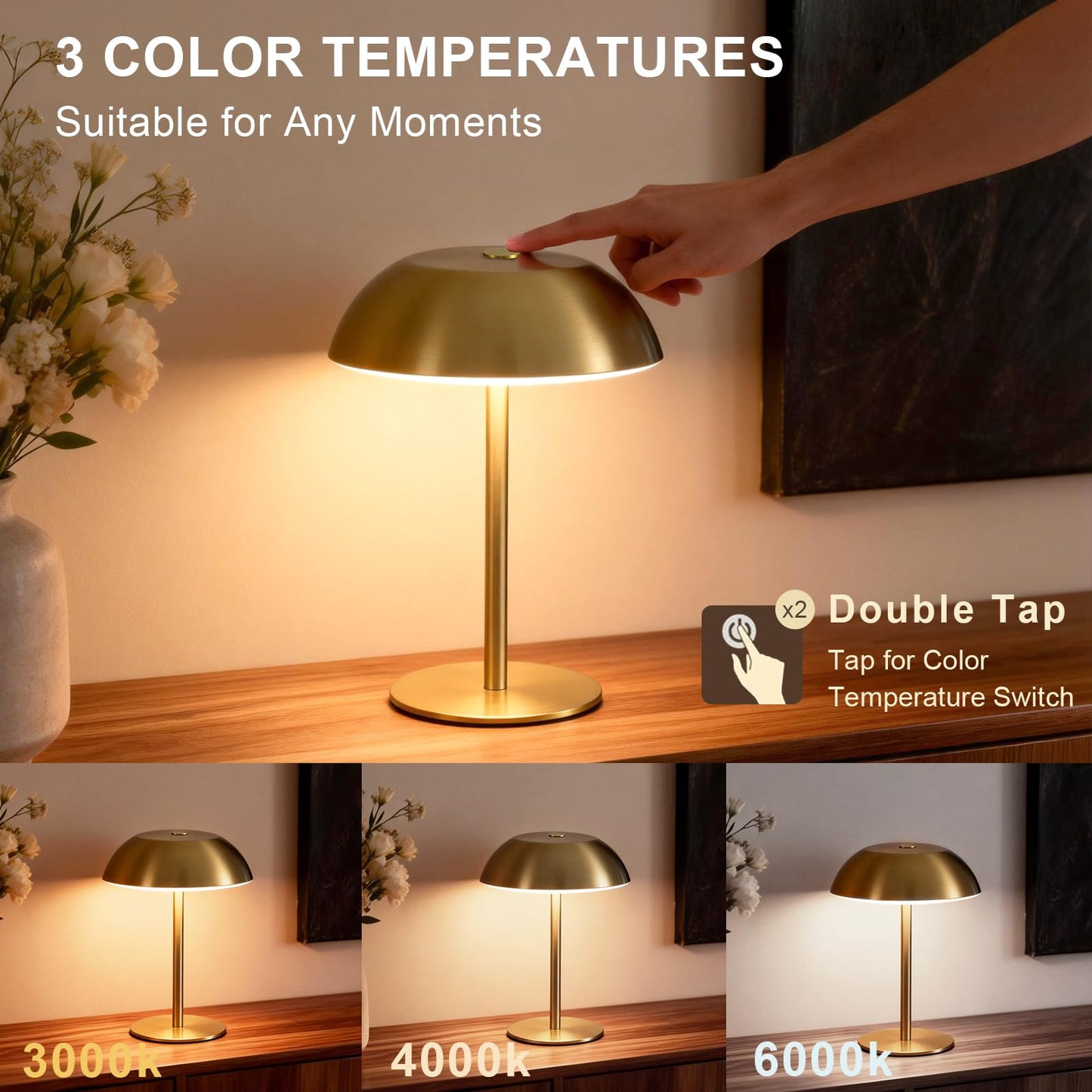 SisiHokai Small Rechargeable Lamp Cordless, LED Touch Battery Operated Table Lamp, Portable, Dimmable, Modern Home Decor, Desk, Bedroom, Bedside, Living Room, Kitchen, Patio, Restaurant, Bar, Gold