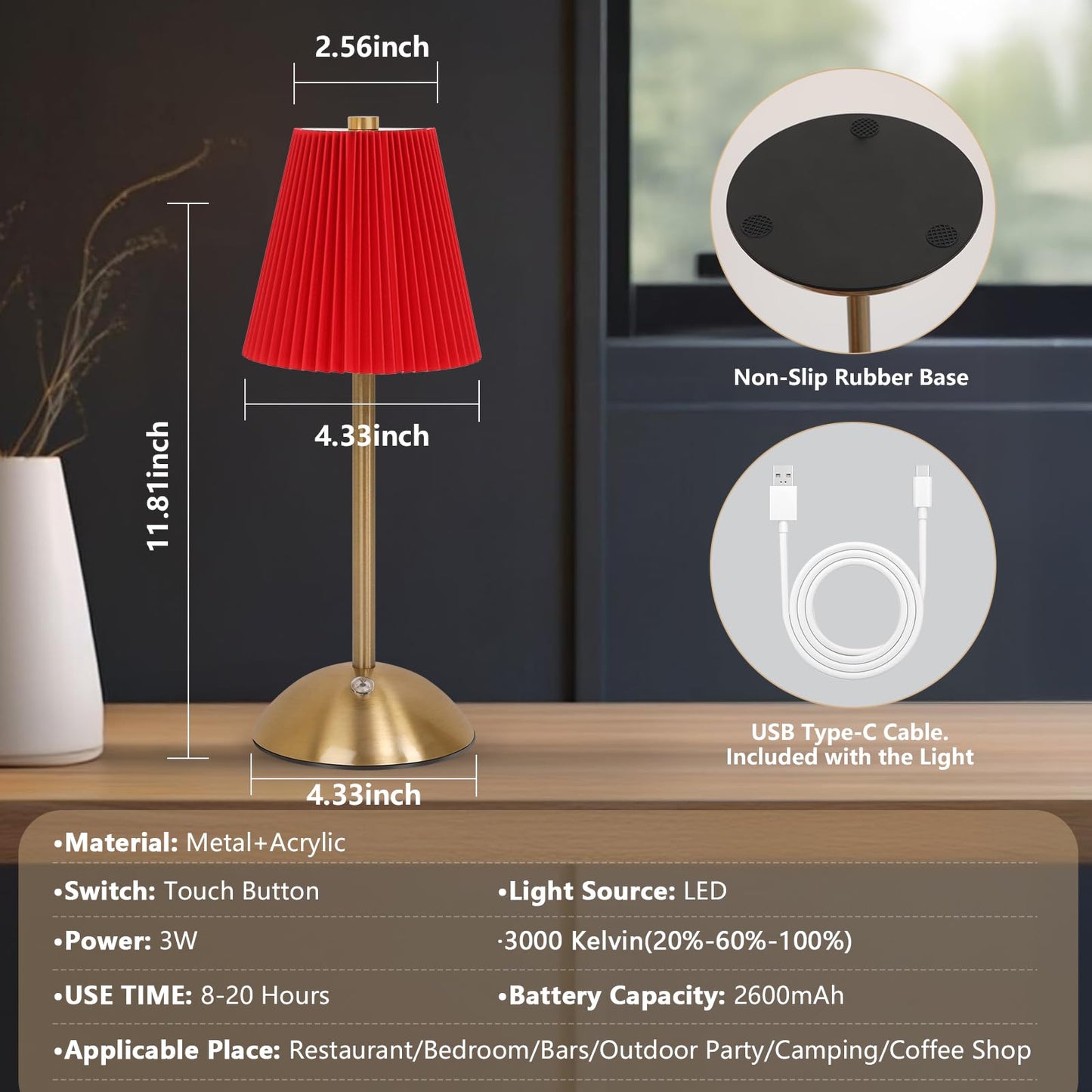 Red Table Lamps , Small Gold Table Lamp 12 Inch for Girl's Bedroom Cute Coquette Table Lamp with Fabric Shade Modern Decorative Bedside Light Small Princess Desk Lighting Boho Living Room (Gold+Red)
