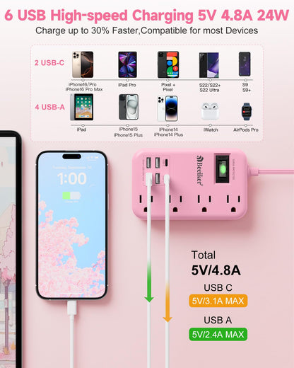6 USB(2 USB C) Purple Travel Power Strip- 5Ft Lavender Extension Cord with 24W USB Charging Station and 4 Outlets, Purple Desk Accessories with Surge Protector for Cute Kawaii Office Dorm Room