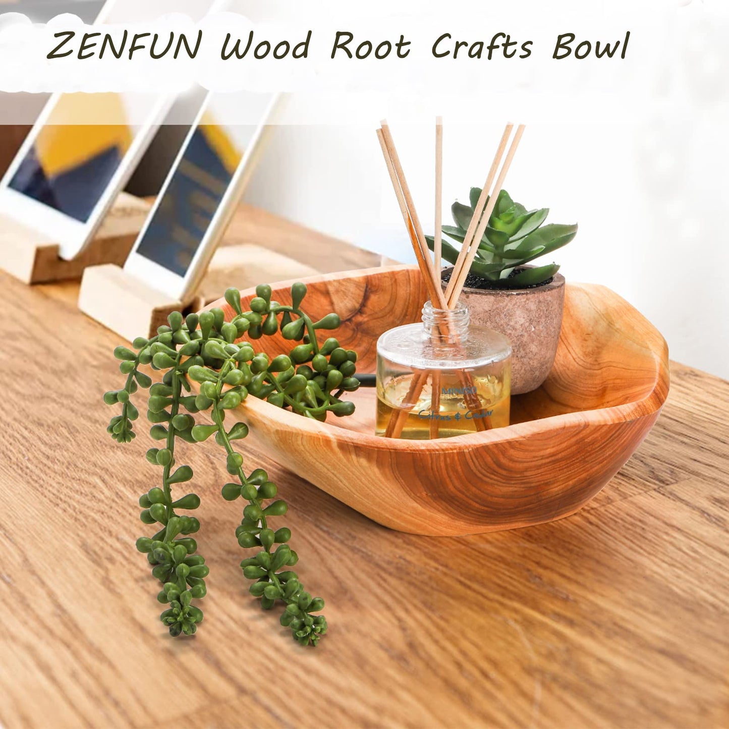 ZENFUN Natural Wood Fruit Bowl 7.8-9.5 Inch, Unique Root Dish Bowl, Fruit Snack Dish for Sandwich Bread Serving, Handmade Serving Bowl for Candy, Vintage Ring Dish, Serving Appetizer Display