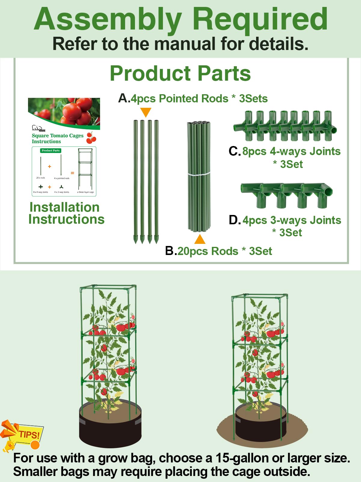 45x14.5x14.5in Square Tomato Cage for Garden - 3 Pack Adjustable Rust-Resistant Tomato Metal Trellis for Pots/Raised Beds/Outdoor, Fits Heavy Plants as Cucumber/Pepper/Eggplant/Pea, Easy to Assemble