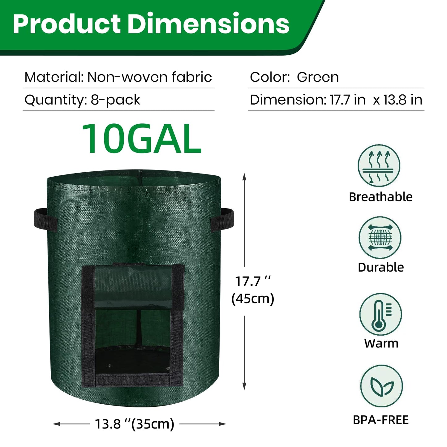 BIJOKETTEN 10 Gallon 8-Pack Grow Bags, Durable PE Fabric Pots with Flap and Handles, Green Planter Bags for Potato Vegetables Flowers Herbs Garden Outdoor, 17.7''x13.8'' Large for All Plants Growing