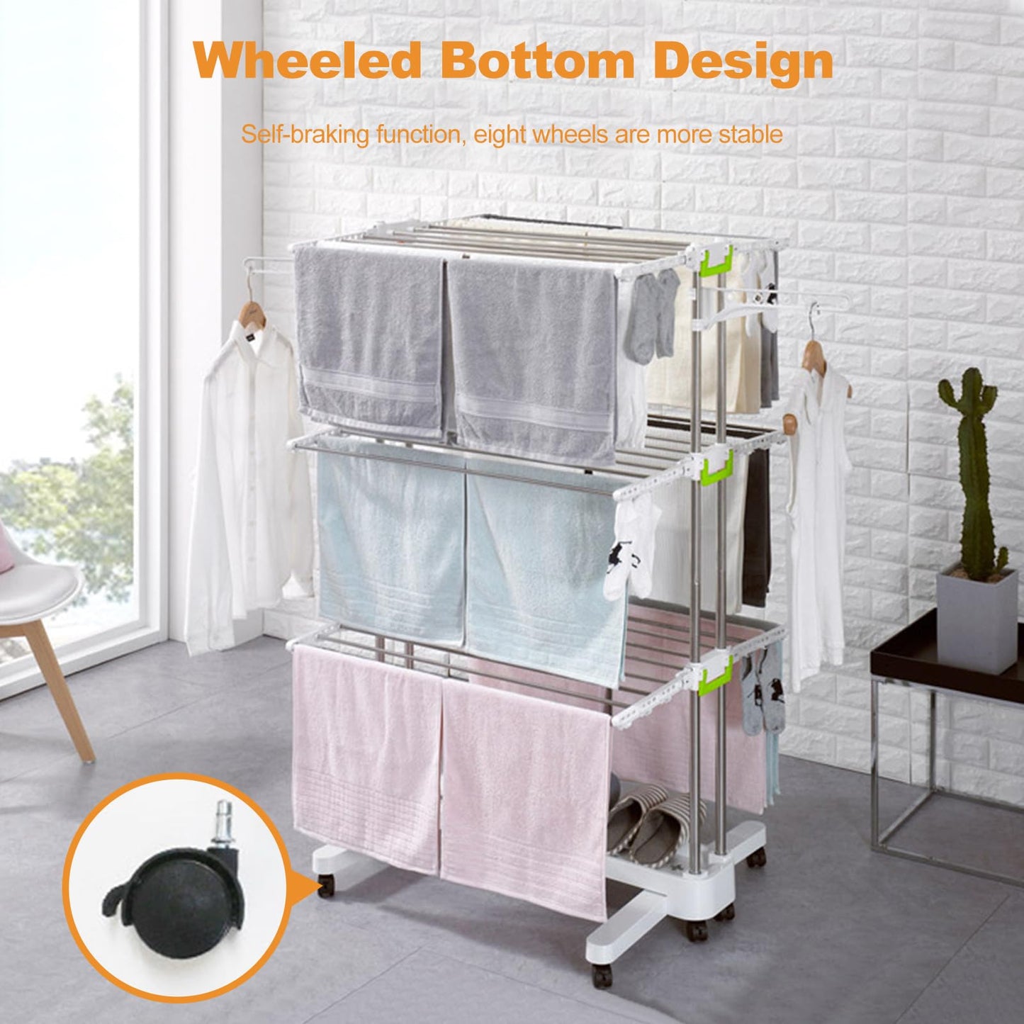Ergocar Airer Clothes Drying Rack, 4-Tier Foldable Clothes Hanger, Adjustable Stainless Laundry Dryer Hanger, Rolling Clothes Drying Rack with Wheels, for Indoor & Outdoor, White