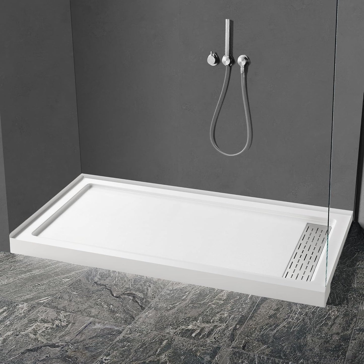 MORVANO Shower Base 60" x 32" Right Drain, Shower Pan Kit With Stainless Steel Cover, Non-Slip Acrylic in White, Brush Nickel for Bathroom