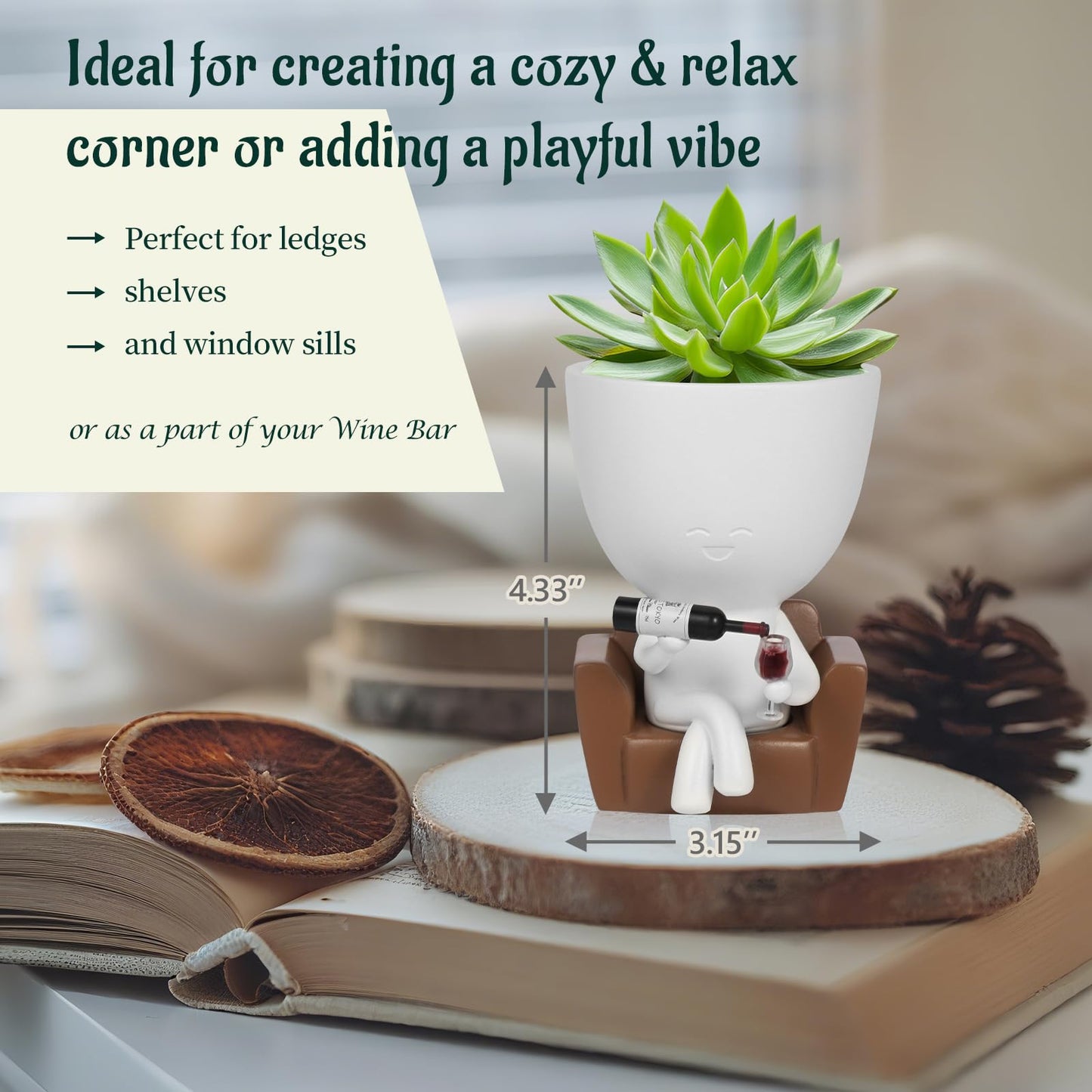 Wnsamoddy Funny Face Planter Pots with Drainage - Resin Head Flower Pot for Indoor Outdoor Succulents Cactus, Unique White Elephant Gifts for Wine & Plant Lovers, Home Office Desk Decor