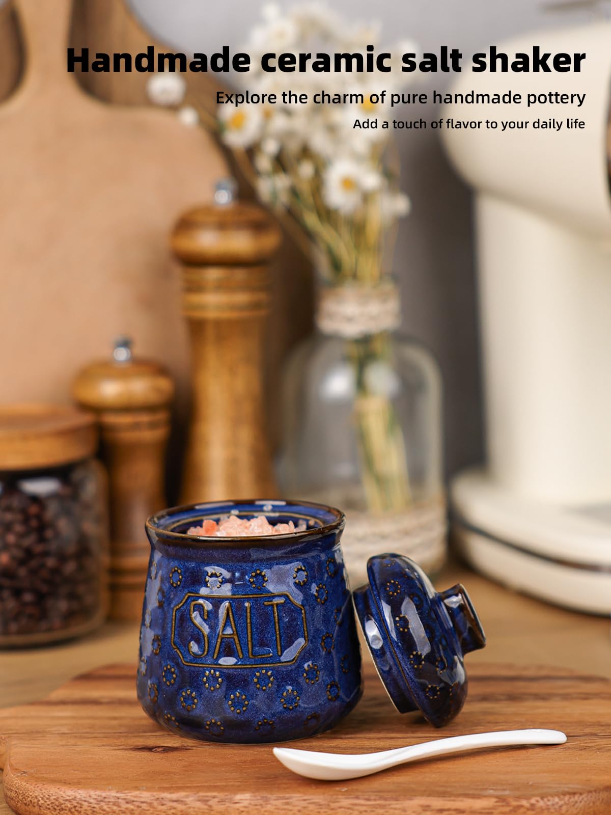 QUXIJA Salt Bowl with Lid and Spoon, 10oz Ceramic Spices Cellar (Vintage Blue)
