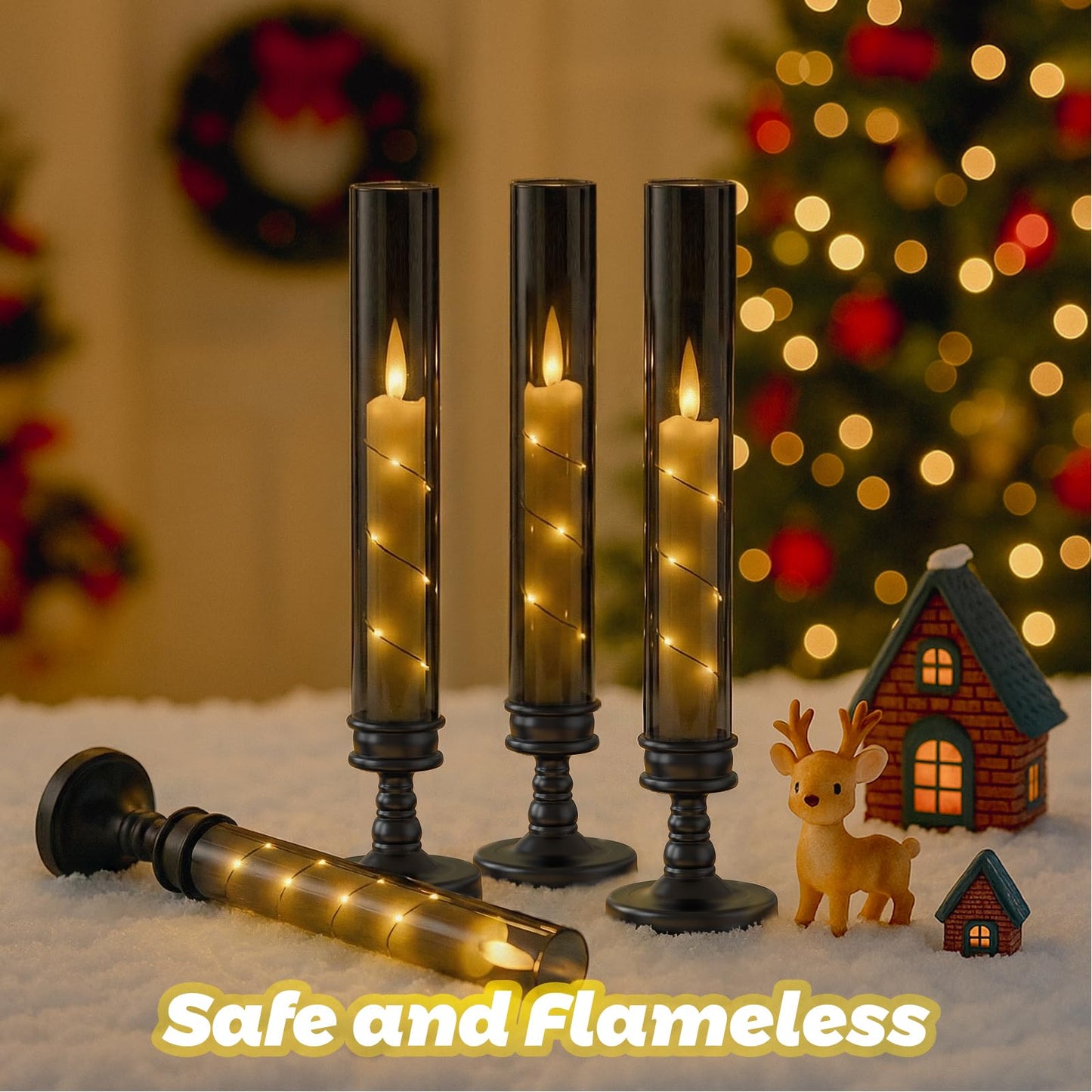 Prerish 6PCS Flameless Candles with Timer, Flickering Fake Electric LED Candles for Romantic Ambiance, Battery Operated Candles, Centerpiece Table Decorations, Wedding, Halloween, Christmas (Black)