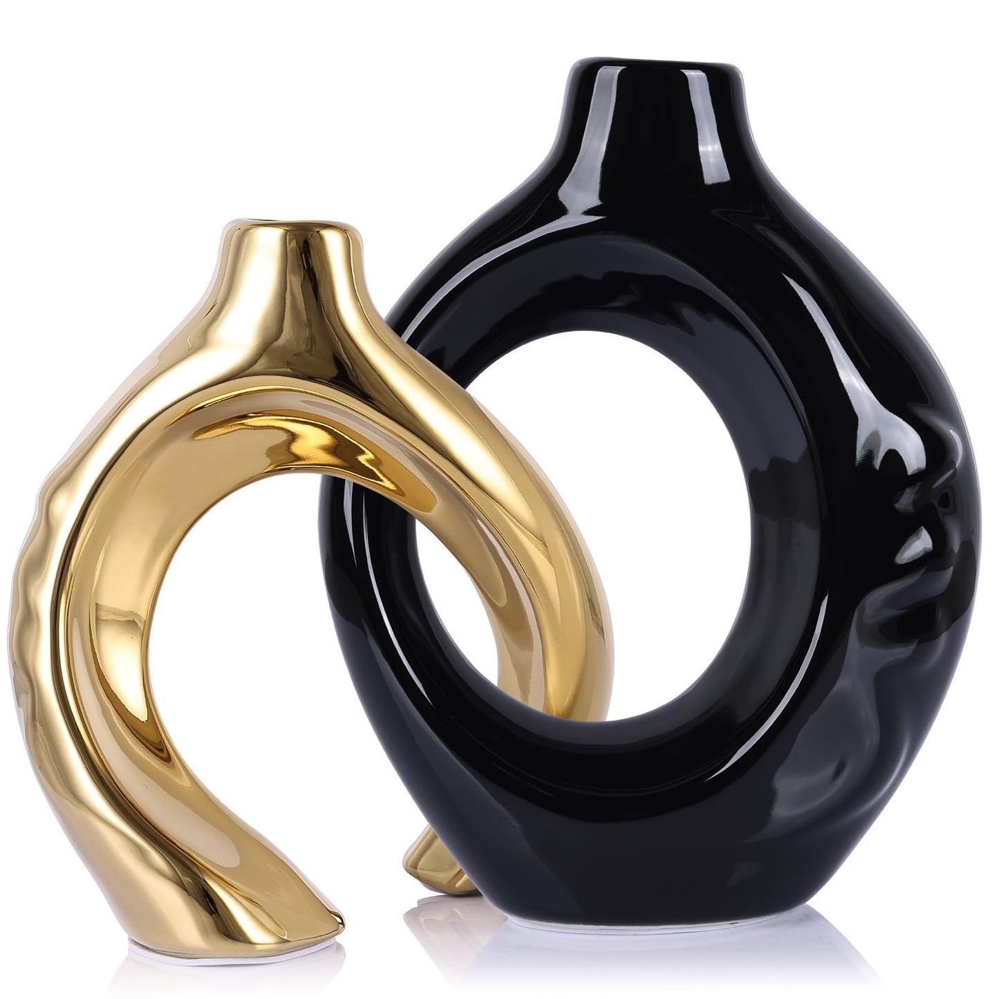 LCCCK Boho Black and Gold Ceramic Vases for Home Decor - Small Hollow Donut Vases for Living Room Table Wedding Centerpiece