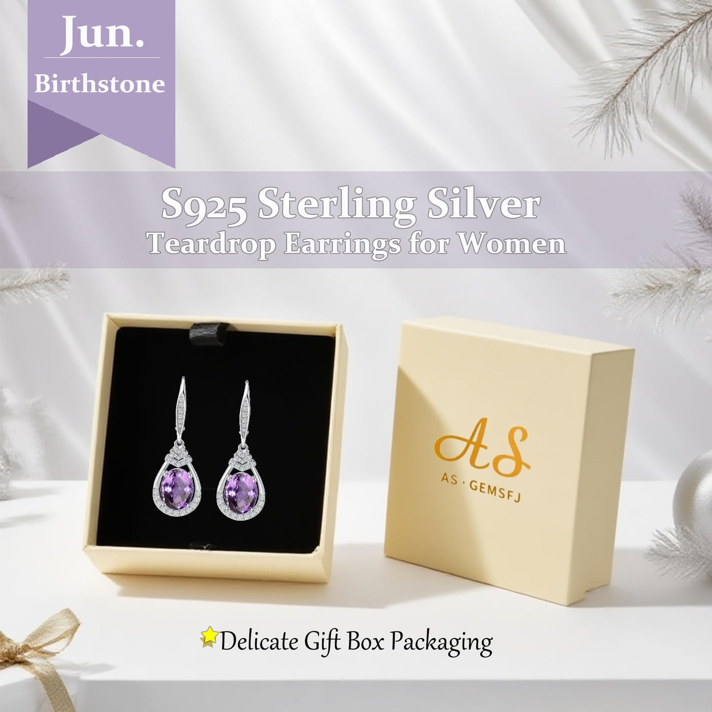 Purple Amethyst Earrings for Women S925 Sterling Silver June Birthstone Dangle Earrings Sparkling Teardrop Leverback Drop Earring Amethyst Evening Party Jewelry Birthday Gifts for Mom