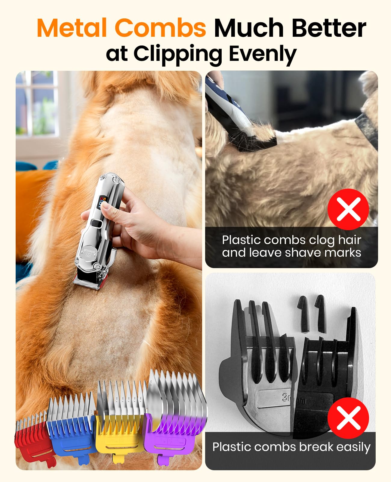 oneisall Cordless Dog Clippers - Rechargeable Grooming Kit with Metal Combs, Low Noise Heavy-Duty for Thick/Curly/Fine/Wavy Hair