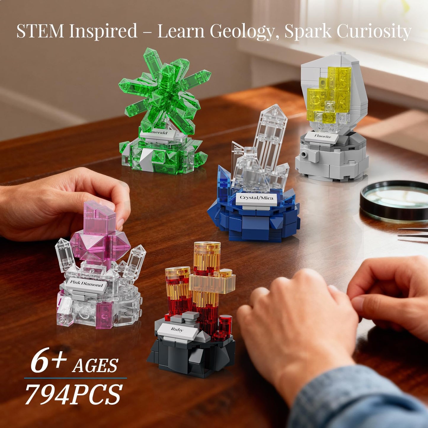 Mineral Display Building Blocks Set 794pcs, 9 Pack Gemstone Models, Crystal Rock Collection STEM Geology Bonsai Gems Home Office Decor, Compatible with Lego for Kids Adults Boys Girls 6+