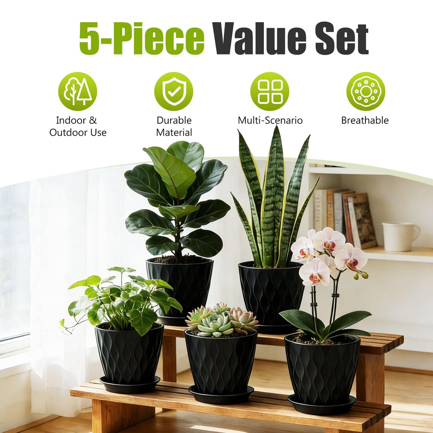 SQKH 8 Inch Plastic Plant Pots,Set of 5 Flower Pots,Planters with Drainage Holes & Saucers, Indoor Outdoor Garden Pots for Home Decor (Black)
