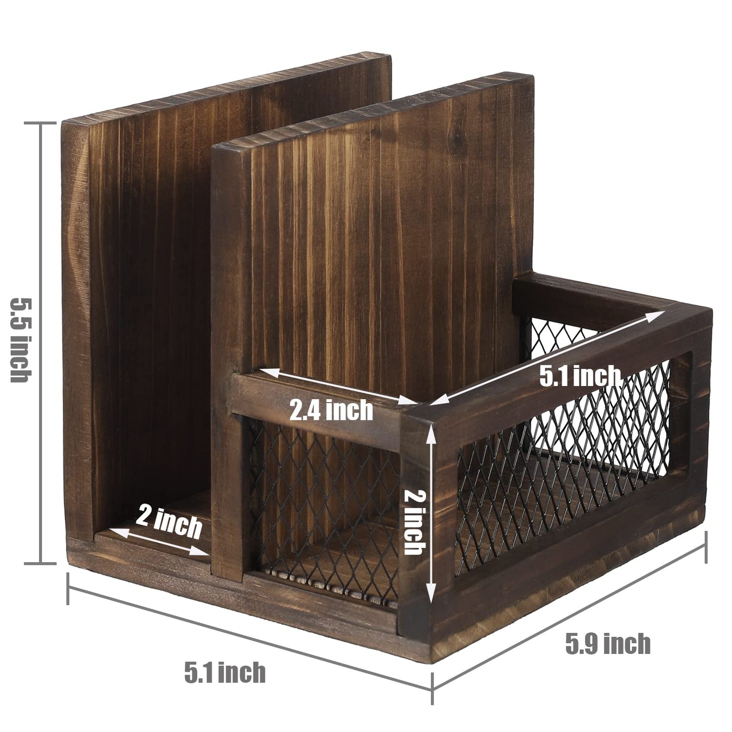 FARM IN Napkin Holder, Farmhouse Multifunctional Napkin Holder with Salt and Pepper Shakers Holder for Home Kitchen Table Centerpiece and Commercial, Rustic Solid Burnt Wood & Diamond Metal Wire Mesh