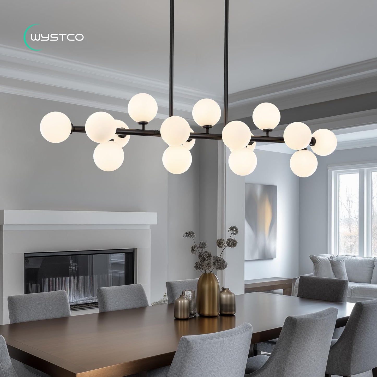 Wystco 56 Inch Black Linear Chandeliers for Dining Room, Kitchen Island, Living Room, 16-Light Mid Century Modern Light Fixture Over Table, Large Milk White Glass Globe Sputnik Bubble Chandelier