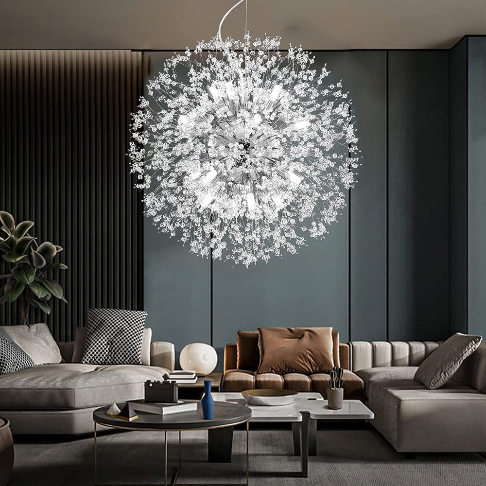 Mivenda Modern Crystal Chandeliers 16-Light Chrome Dandelion Light Fixture,Firework Chandelier,Personalized Ceiling Hanging Lighting for Living Room,Dining Room,Kitchen,Bedroom Chandelier
