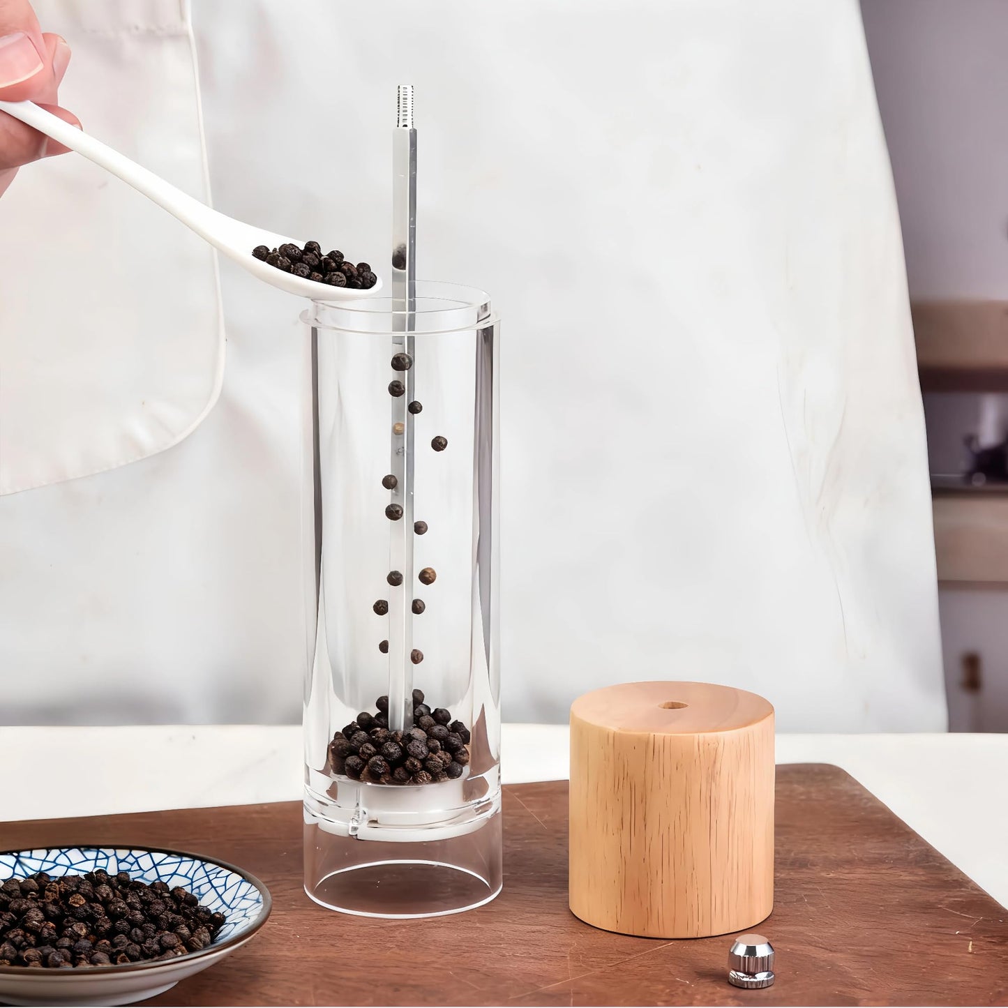 2 Pack 6'' Acrylic Salt and Pepper Grinder Set with Wood Base, Manual Pepper and Salt Mills with Adjustable Ceramic Core (Oak Wood)