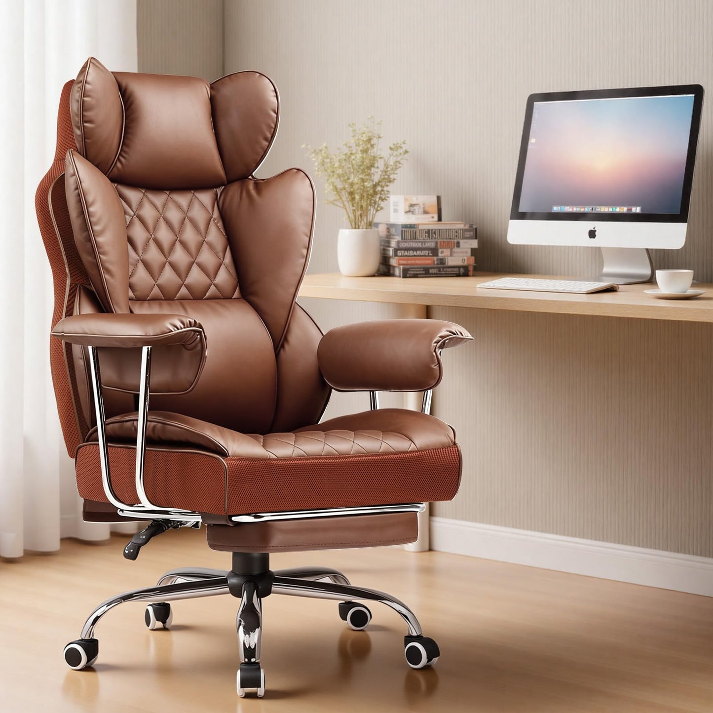 COMHOMA Big and Tall Office Chair, High Back Leather Gaming Chair with Footrest, Executive Ergonomic Office Chairs with Pocket Spring Lumbar Support and with Outward Fixed Soft Armrests
