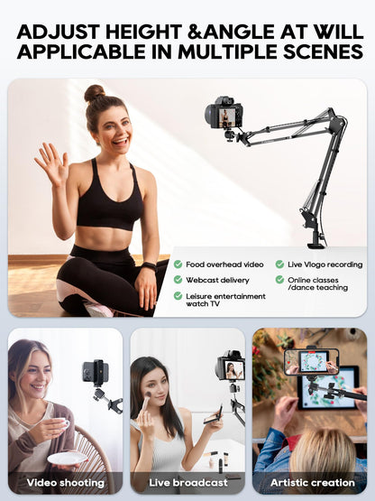 Overhead Camera Mount, Desk Camera Mount with Articulating Arm, 5lb Load Capacity, 360° Adjustable Stand for Phone/DSLR/Webcam, C-Clamp Tabletop Mount for Video Recording, YouTube, Live Streaming