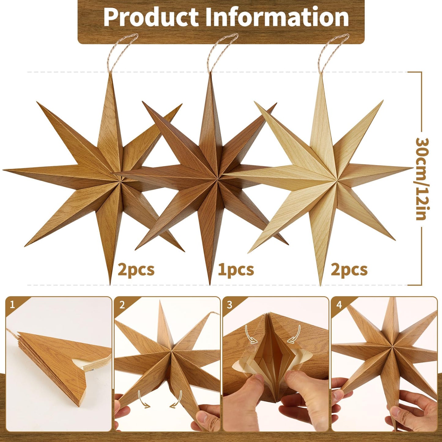 SUNBEAUTY 8-Pointed 12 Inch Paper Star Lanterns Brown Wooden Christmas Lanterns Hanging Lamp Paper Decorations Shade Wedding Birthday Christmas Home Party Decorations