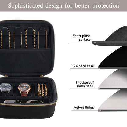 ProCase Mens Small Jewelry Storage Case, 3 Slots Travel Watch Accessories Carrying Box, Glasses Necklaces Rings Bracelets Zippered Organizer Bag for Male -Black
