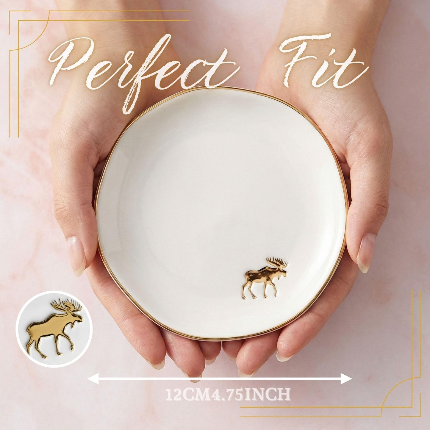 InnoBeta Moose Gifts for Women Girls, Gifts for Moose Lovers - 4.75" Handcrafted Ceramic Ring Dish with Gold Trim, Decorative Trinket Dish for Rings Earrings Necklaces