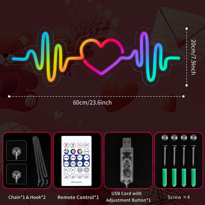 MissAudrey Heartbeat Neon Sign with Remote Control, LED Neon Sign for Wall Decor, Custom RGB Adjustment ECG Heart Lights, Light Up Signs for Bedroom Wedding Party Birthday Mother's Day Decorations