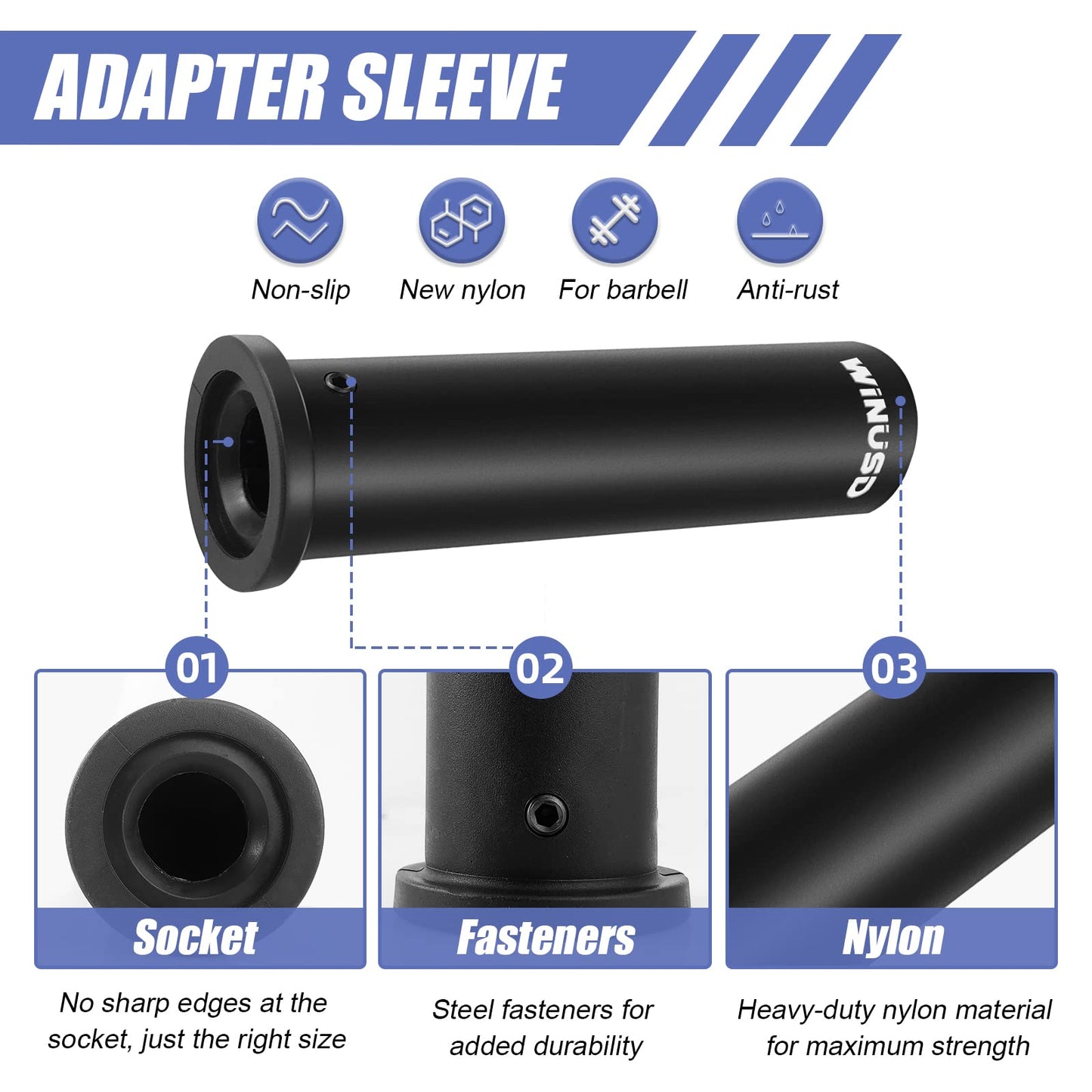 WINUSD 2Pcs Nylon Olympic Adapter Sleeve 8- Converts 1" Standard Weight Plate Posts to 2- Olympic Weight Plate PostsIncludes Removable end Cap and Allen Key