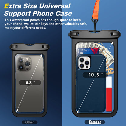 Temdan 2 Pcs Waterproof Phone Pouch, [Up to 10" Large] Universal IPX8 Waterproof Cell Phone Case Dry Bag with Lanyard for iPhone 16 Pro Max/16E/15/14/13,Galaxy S25 Ultra/S24/S23 for Vacation -Black